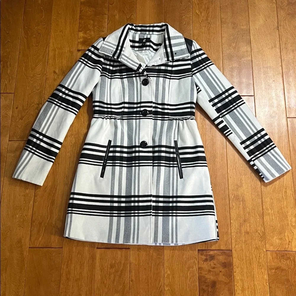 Iz Byer Plaid Pea Coat Size S Black White Preppy Trench Quiet Luxury Classic - Picture 2 of 14